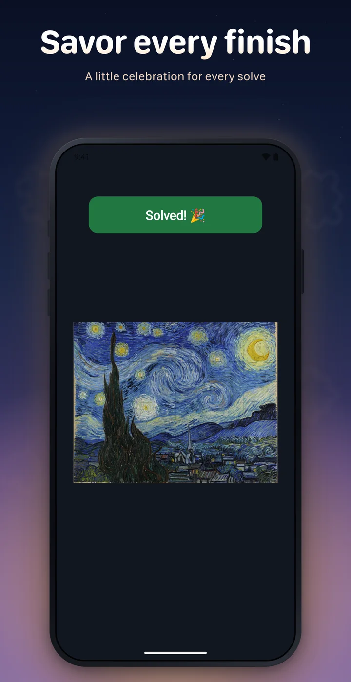 The calm completion screen after finishing a Cuzzles photo puzzle
