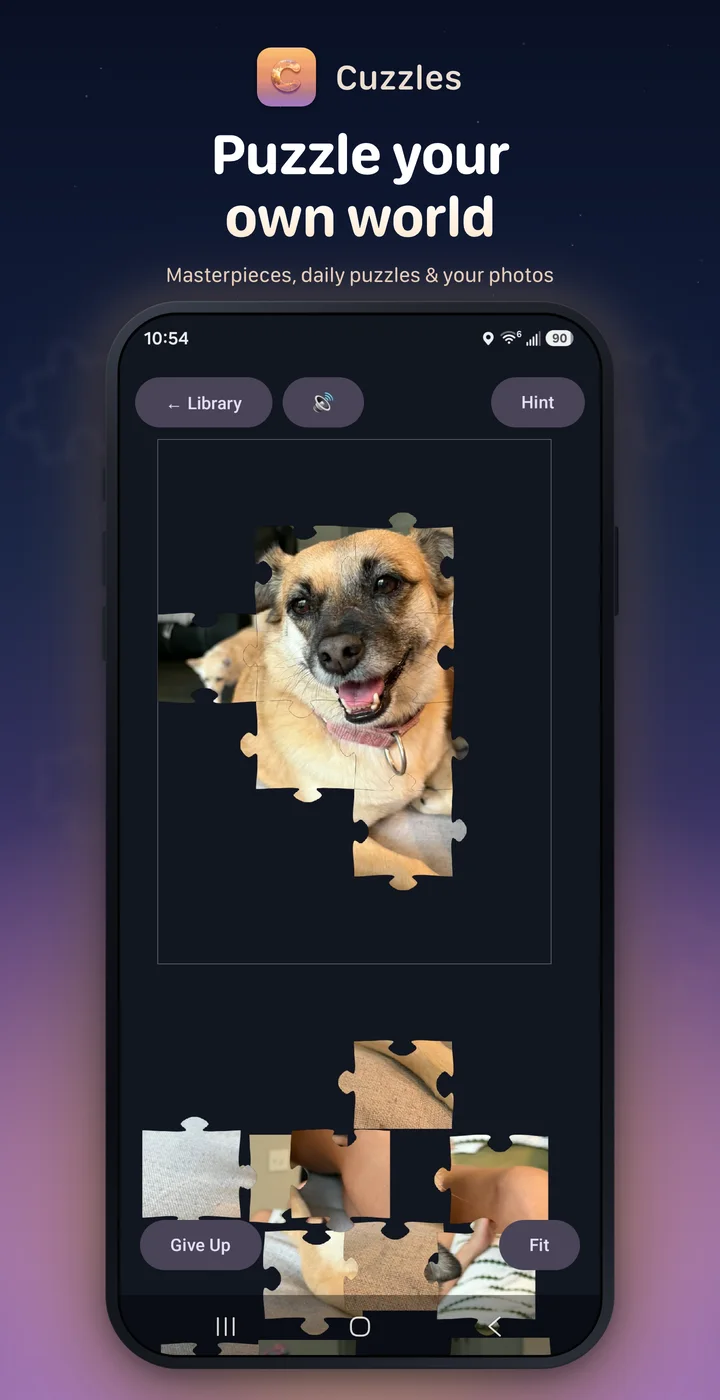 A personal dog photo being solved as an interlocking jigsaw in Cuzzles