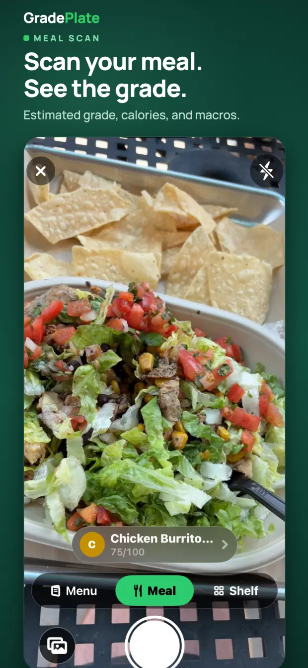 Meal mode grading a chicken burrito bowl in the GradePlate camera, scoring it 75 out of 100
