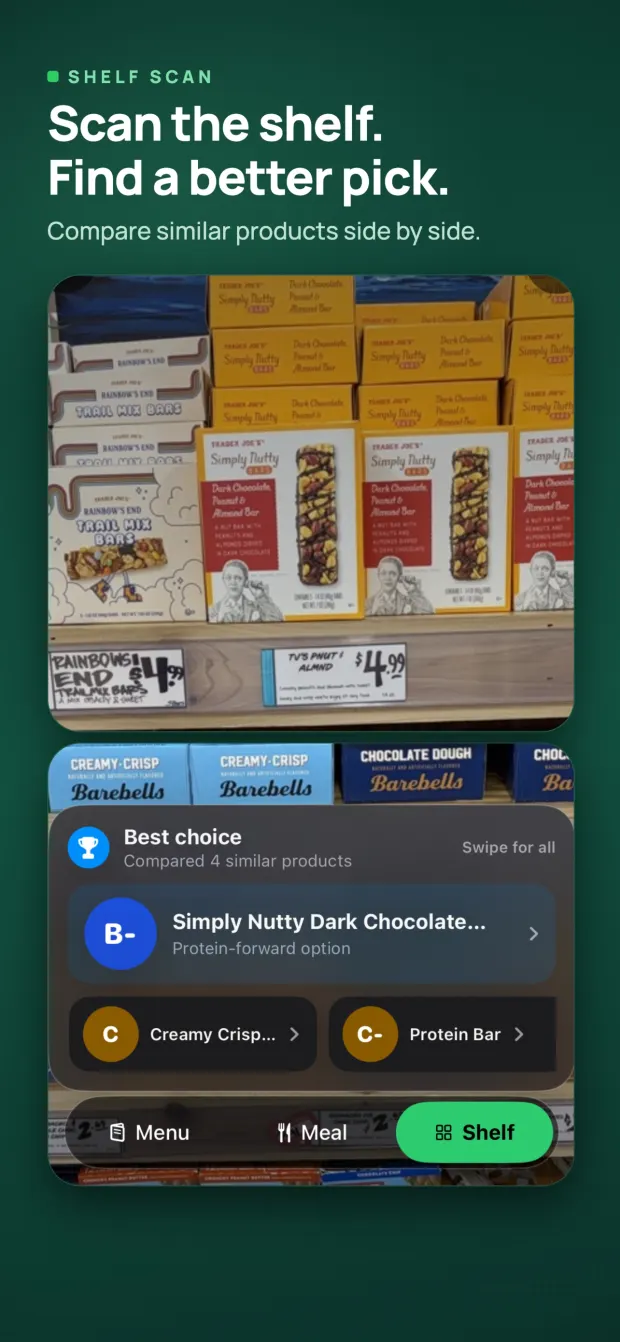Shelf mode comparing four similar snack bars on a grocery shelf and naming the best choice