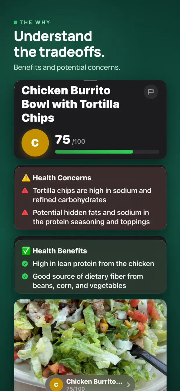 The health concerns and health benefits GradePlate lists behind a meal grade