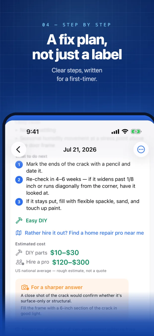 A numbered fix plan for a hairline drywall crack: mark and date it, re-check in 4 to 6 weeks, then spackle and paint, rated Easy DIY with a cost estimate