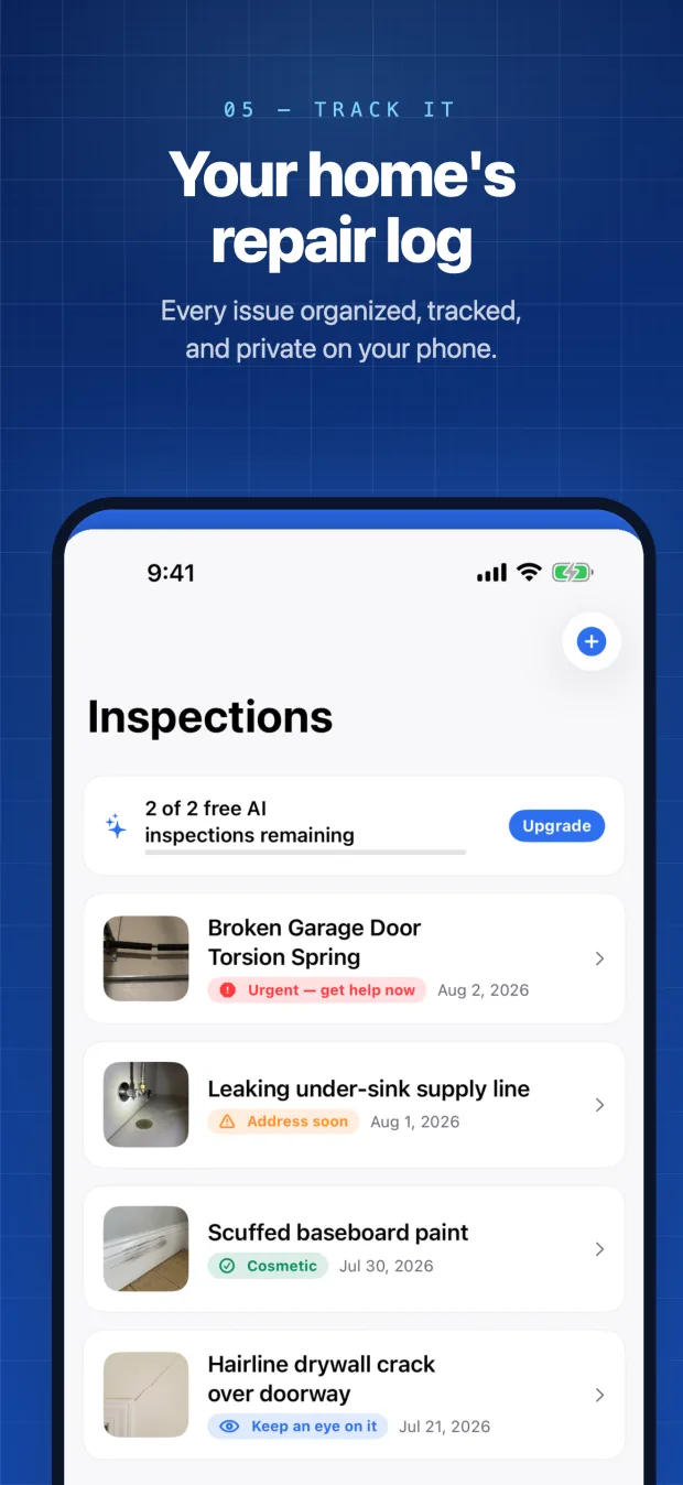 The Inspections list tracking four issues across every severity tier, from an urgent broken torsion spring to a cosmetic baseboard scuff